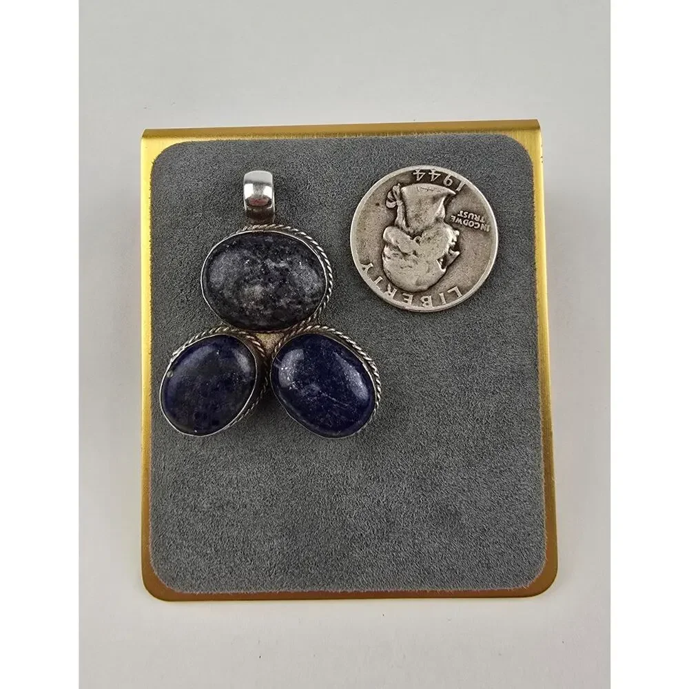 Vintage 3-Stone Lapis Lazuli Sterling silver rope edge Necklace pendant signed